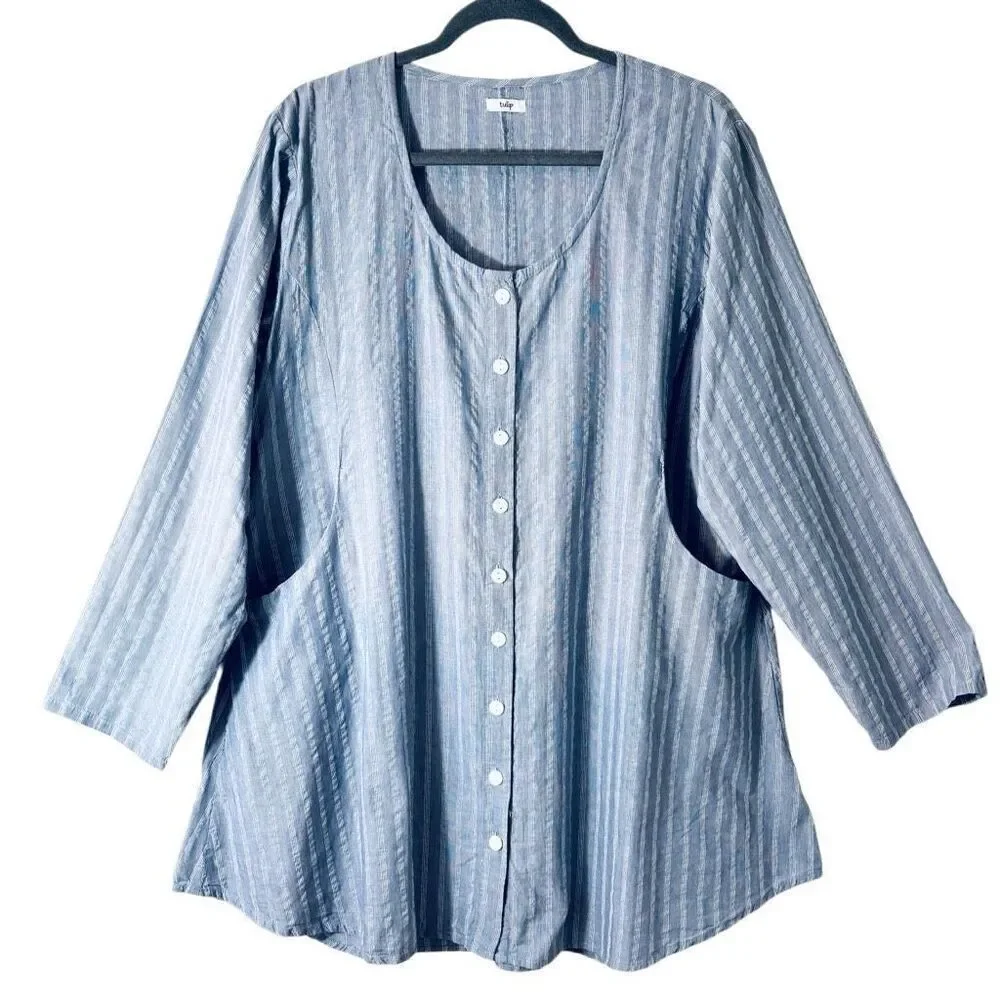 Tulip clothing XL blue white seersucker button front pocket back detail tunic
